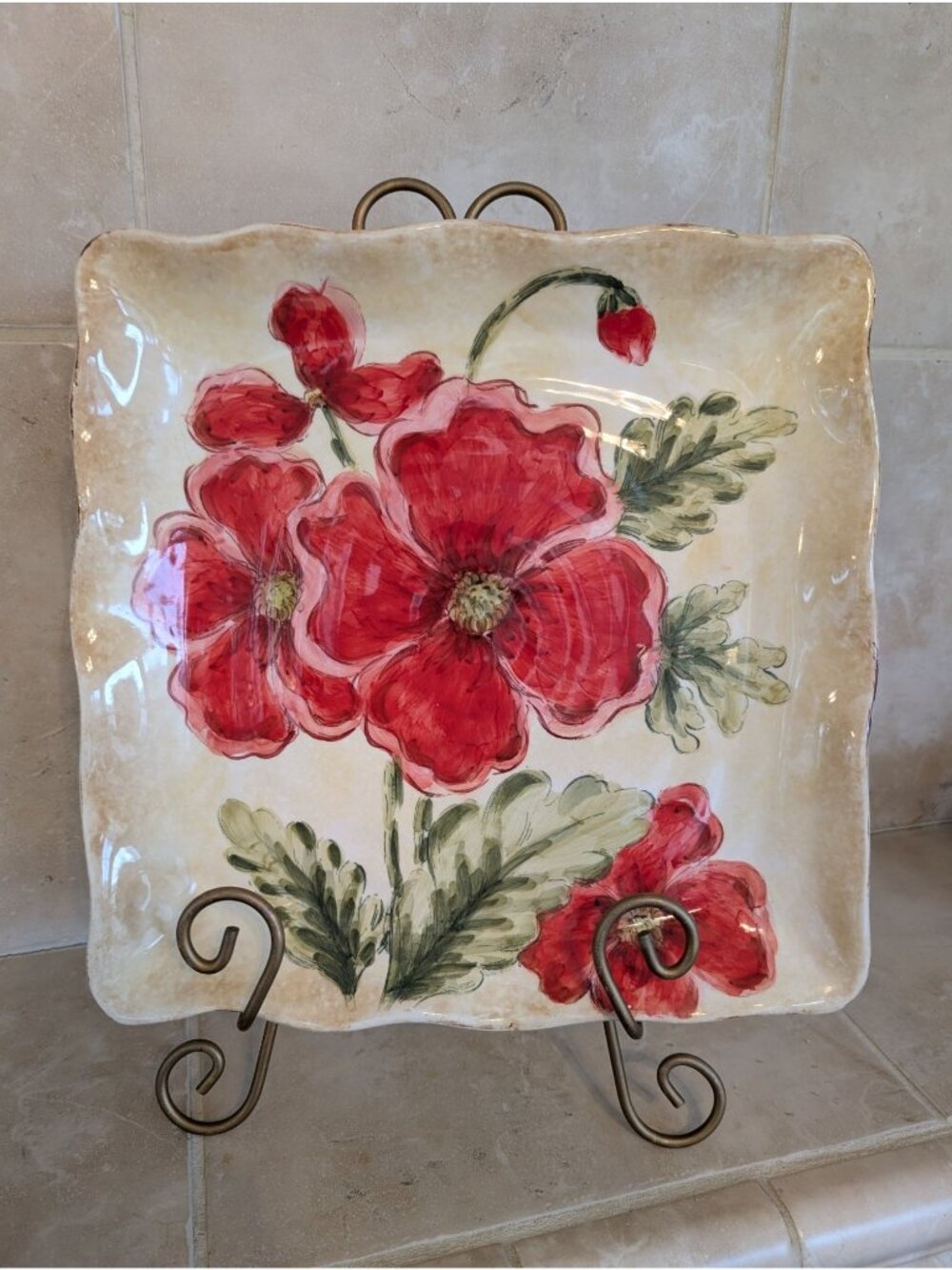 "Spring Poppies" Hand-painted Ceramic 11" Square Plate/Platter Maxcera Red